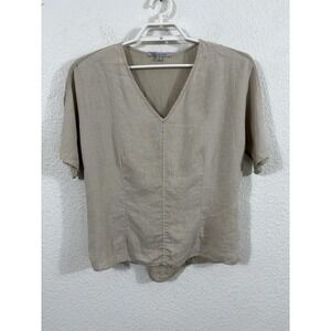 People Like Frank Shirt Womens 8 Beige Linen V Neck Short Sleeve Sheer Back